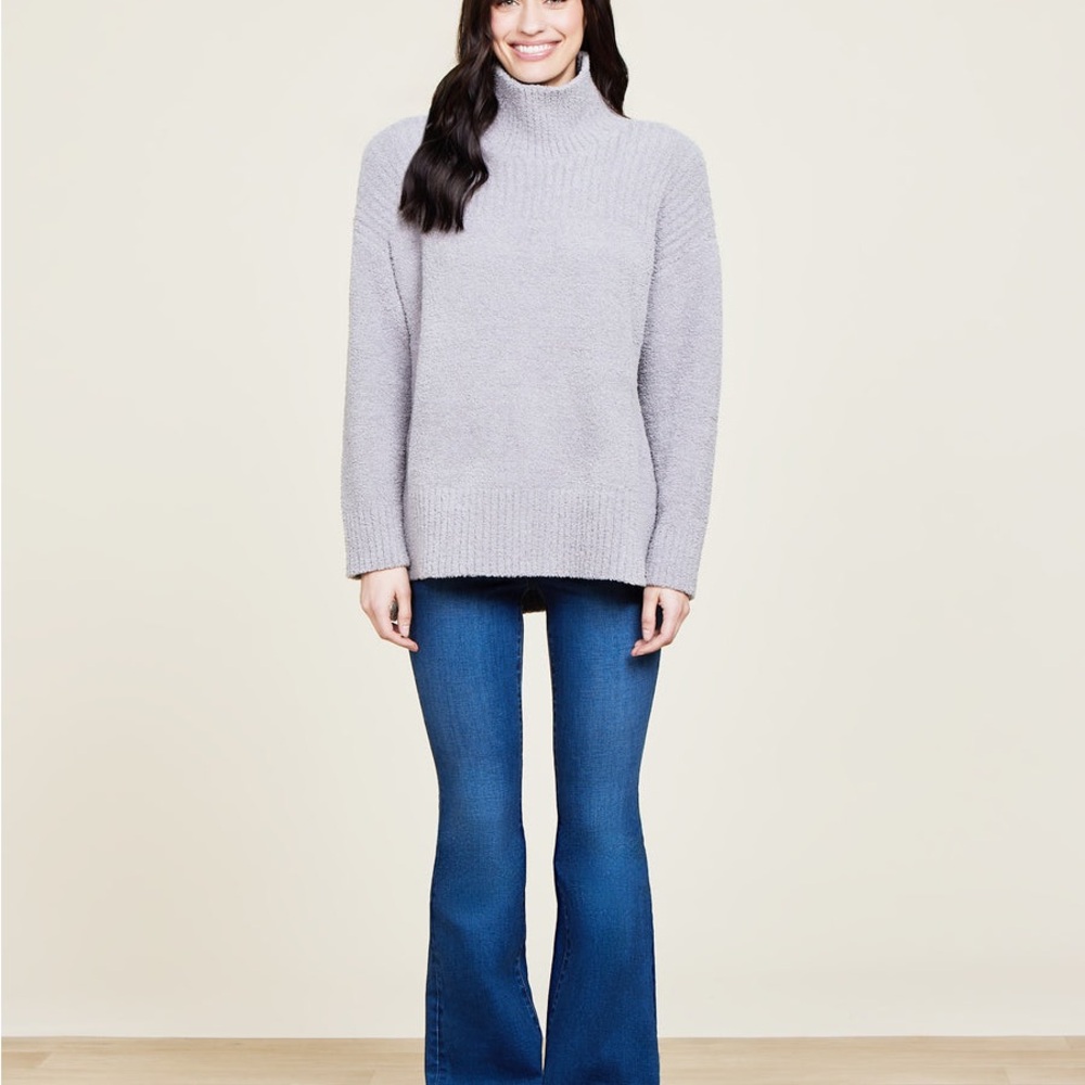 Barefoot Dreams CozyChic High Low Pullover Gray Turtleneck Sweater